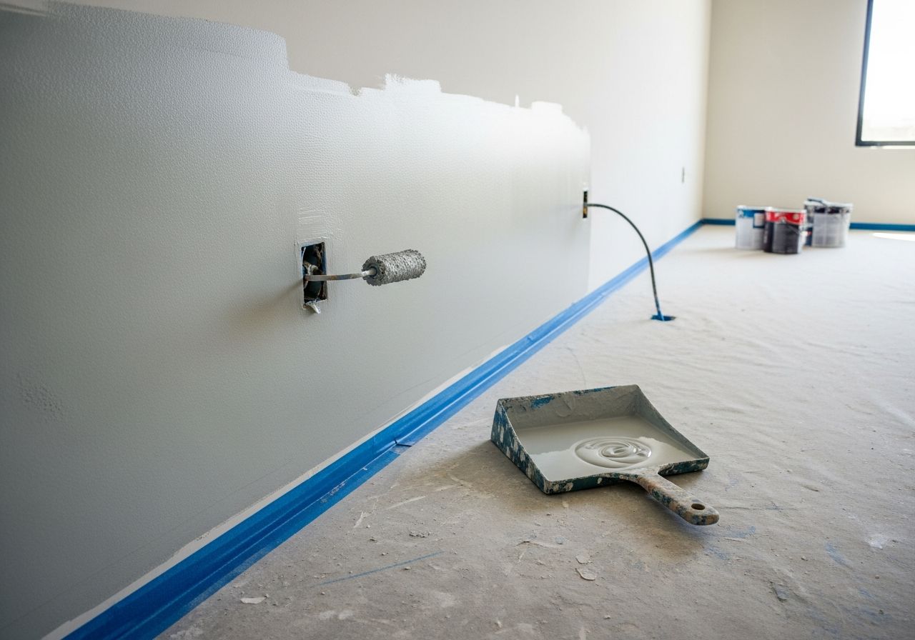 Peintre appliquant de la peinture sur les murs d'un salon à Saint-Genis-Laval